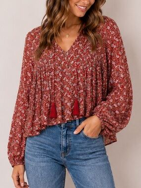 Zara Boho Floral Paisley Tassel V-Neck Blouse Red XS